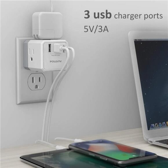 Multi Plug Outlet, Outlet expanders, POWSAV USB Wall Charger with 3 USB - Picture 3 of 7
